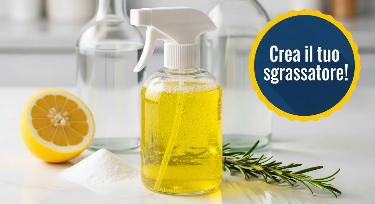 Spruzzino con sgrassatore fai da te su tavolo con limone, bicarbonato, rosmarino e bottiglie di vetro