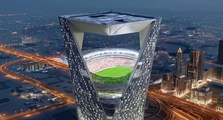 Rendering di uno stadio sospeso all'interno di un grattacielo futuristico a Neom, in Arabia Saudita