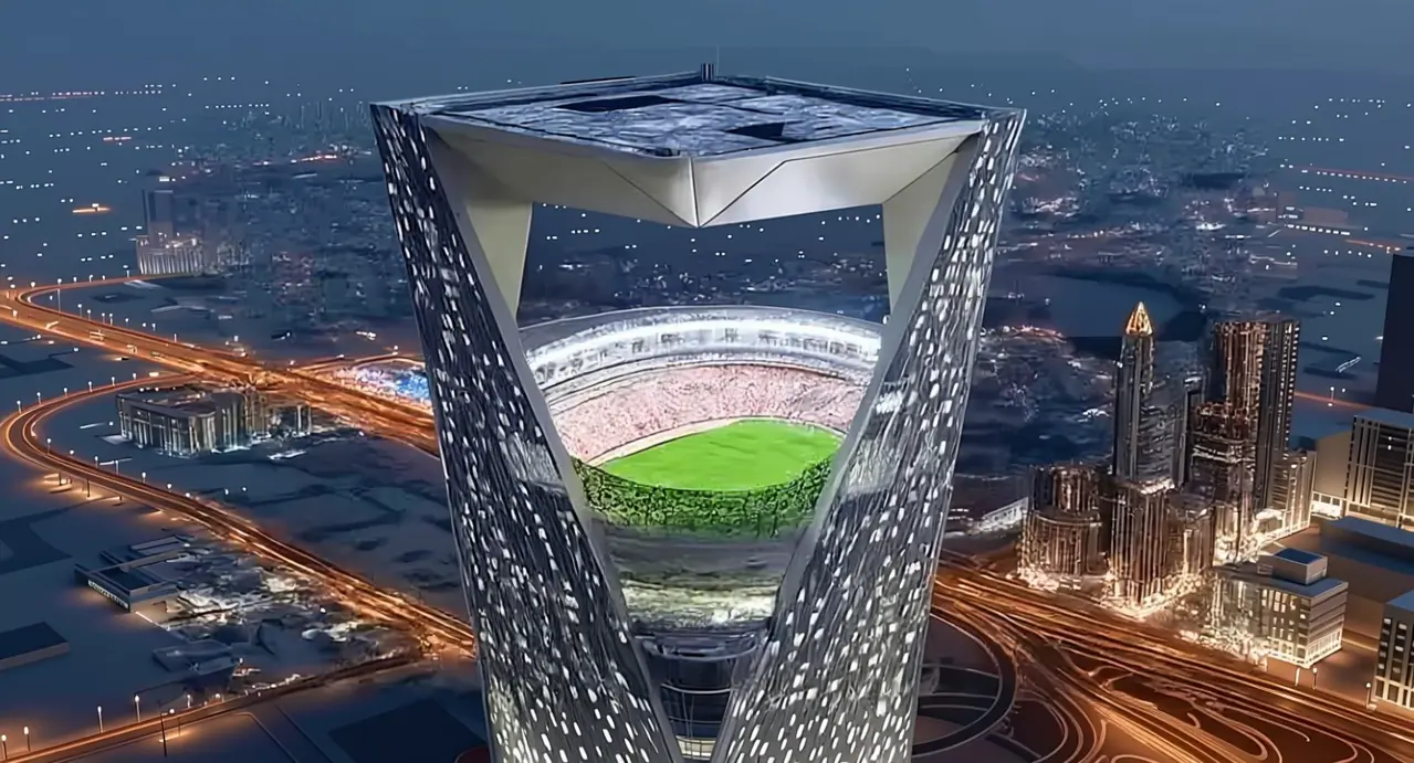 Rendering di uno stadio sospeso all'interno di un grattacielo futuristico a Neom, in Arabia Saudita