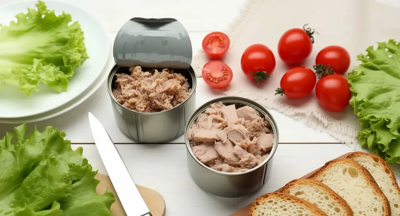 Scatolette di tonno aperte con lattuga, pomodorini e pane su un tavolo