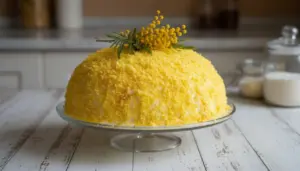Torta mimosa soffice decorata con fiori di mimosa su un'alzata di vetro