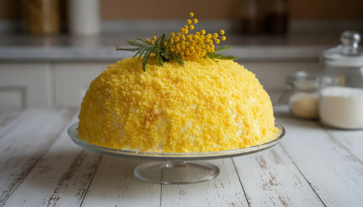 Torta mimosa soffice decorata con fiori di mimosa su un'alzata di vetro