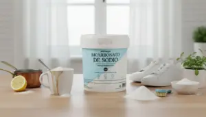 Contenitore di bicarbonato con oggetti per la pulizia naturale su un tavolo in cucina