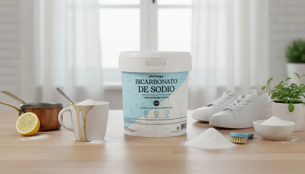 Contenitore di bicarbonato con oggetti per la pulizia naturale su un tavolo in cucina