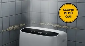 Deumidificatore acceso vicino a una parete con muffa su piastrelle