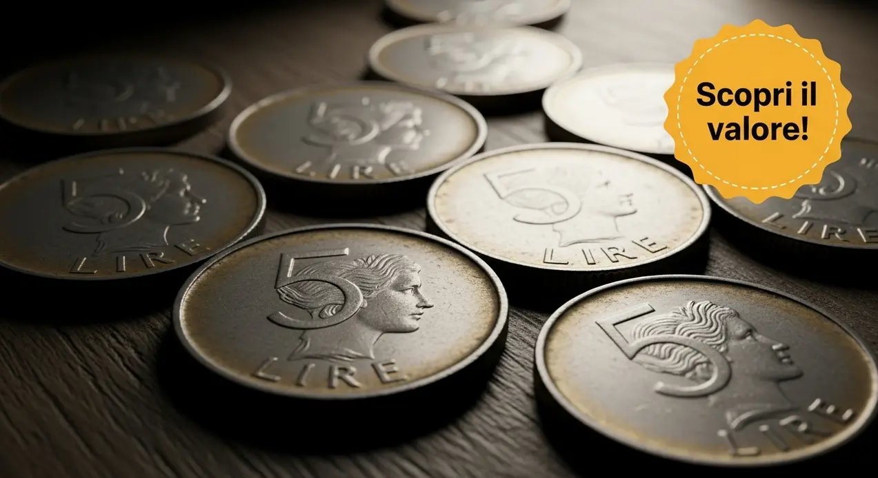 Vecchie monete da 5 lire italiane disposte su una superficie in legno