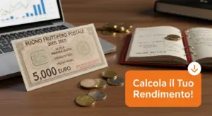 Buono fruttifero postale da 5.000 euro del 2005 su scrivania con monete, agenda e laptop