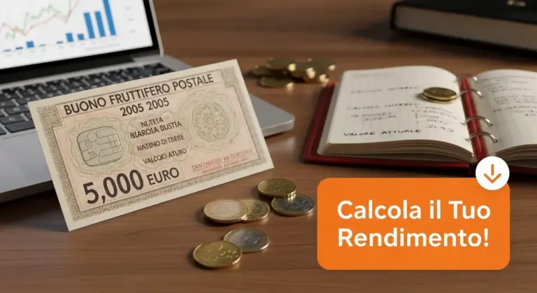 Buono fruttifero postale da 5.000 euro del 2005 su scrivania con monete, agenda e laptop