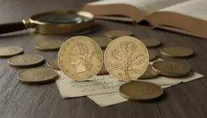 Vecchie monete italiane da 20 lire e altri pezzi disposti su un tavolo di legno