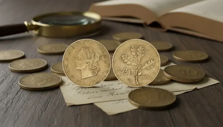 Vecchie monete italiane da 20 lire e altri pezzi disposti su un tavolo di legno